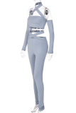 Blue Sexy Solid Hollowed Out Halter Long Sleeve Two Pieces