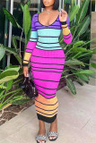 Yellow Fashion Casual Striped Print Basic Hot Drill V Neck Long Sleeve Dresses
