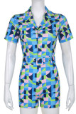 Blue Casual Print Patchwork Buckle With Belt Turn-back Collar Straight Rompers
