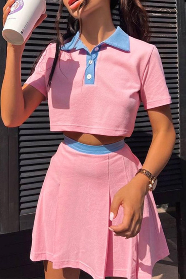 Pink Fashion Solid Patchwork Turndown Collar Short Sleeve Two Pieces
