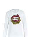 White Fashion Street Lips Printed Patchwork O Neck Tops