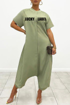 Light Green Fashion Casual Letter Print Patchwork O Neck Regular Jumpsuits