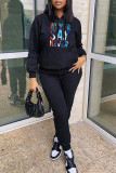 Black Fashion Casual Letter Print Patchwork Hooded Collar Long Sleeve Two Pieces