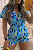 Blue Casual Print Patchwork Buckle With Belt Turn-back Collar Straight Rompers