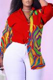 Red Casual Print Patchwork Turndown Collar Tops