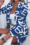 Blue Casual Print Patchwork Turn-back Collar Outerwear