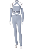 Blue Sexy Solid Hollowed Out Halter Long Sleeve Two Pieces