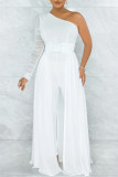 White Fashion Casual Solid Patchwork Backless Oblique Collar Regular Jumpsuits