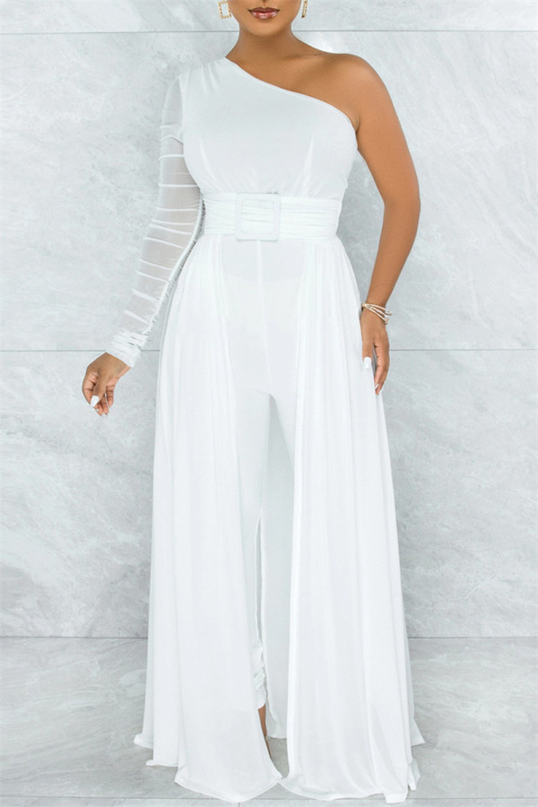 White Fashion Casual Solid Patchwork Backless Oblique Collar Regular Jumpsuits