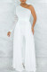 White Fashion Casual Solid Patchwork Backless Oblique Collar Regular Jumpsuits