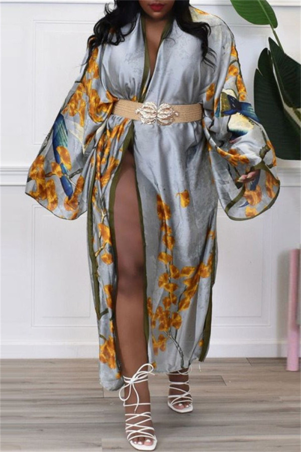 Grey Fashion Casual Print Patchwork Cardigan Outerwear