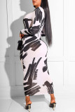 Yellow Fashion Casual Print Basic O Neck Long Sleeve Dresses