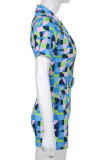 Blue Casual Print Patchwork Buckle With Belt Turn-back Collar Straight Rompers