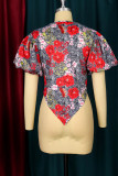 Red Fashion Print Patchwork Asymmetrical O Neck T-Shirts