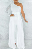White Fashion Casual Solid Patchwork Backless Oblique Collar Regular Jumpsuits