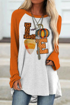 Orange Fashion Casual Print Patchwork O Neck Tops