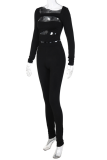 Black Sexy Solid Hollowed Out Square Collar Long Sleeve Two Pieces