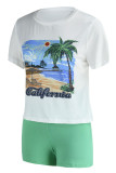Green Casual Print Patchwork O Neck Short Sleeve Two Pieces