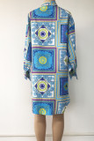 Blue Casual Print Patchwork Buckle Turndown Collar Shirt Dress Dresses(Without Belt)