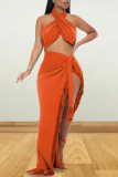 Purplish Red Sexy Solid Tassel Bandage Patchwork Asymmetrical Halter Sleeveless Two Pieces
