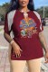 Burgundy Fashion Street Character Print Patchwork V Neck T-Shirts