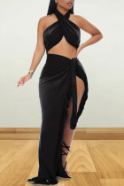 Black Sexy Solid Tassel Bandage Patchwork Asymmetrical Halter Sleeveless Two Pieces
