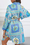 Blue Casual Print Patchwork Buckle Turndown Collar Shirt Dress Dresses(Without Belt)