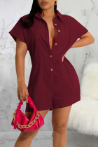 Burgundy Casual Solid Patchwork Buckle Turndown Collar Straight Rompers