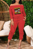 Red Fashion Casual Print Patchwork Off the Shoulder Long Sleeve Two Pieces