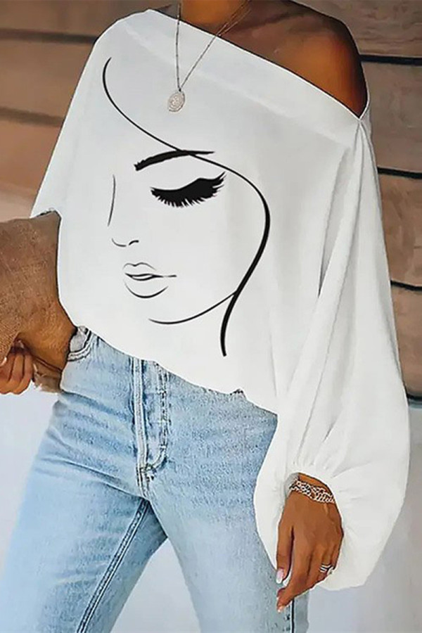 White Fashion Casual Print Patchwork Oblique Collar Tops