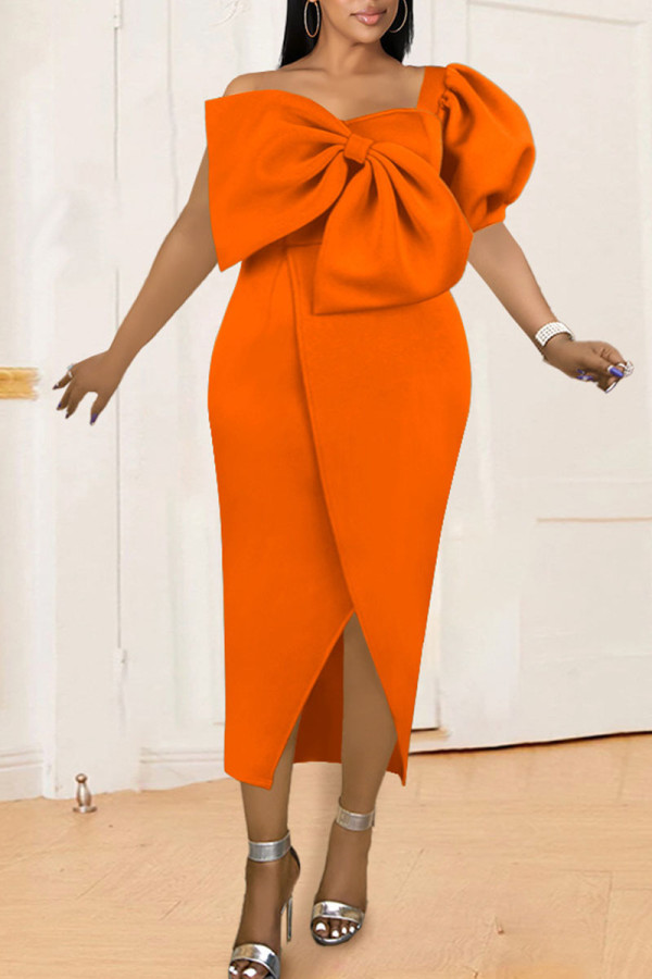 Orange Elegant Solid Patchwork Asymmetrical With Bow Asymmetrical Collar Dresses