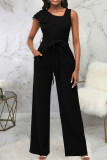 Black Casual Solid Patchwork Flounce Asymmetrical Straight Jumpsuits