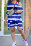 Blue Casual Print Patchwork Asymmetrical Oblique Collar Three Quarter Two Pieces