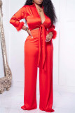 Red Fashion Casual Solid Bandage Patchwork Turndown Collar Long Sleeve Two Pieces