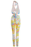 Rose Red Sexy Print Hollowed Out Patchwork Backless Halter Skinny Jumpsuits