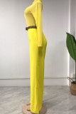 Yellow Sexy Print Solid Patchwork Turtleneck Straight Jumpsuits(Without Belt)