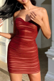 Brownness Sexy Solid Patchwork Strapless Pencil Skirt Dresses