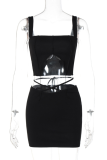 Black Sexy Solid Hollowed Out Square Collar Sleeveless Two Pieces
