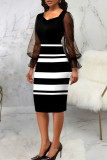 Black Fashion Casual Print Patchwork Square Collar One Step Skirt Dresses