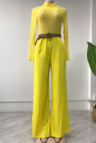 Yellow Sexy Print Solid Patchwork Turtleneck Straight Jumpsuits(Without Belt)