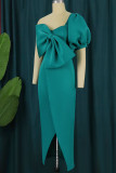Purple Elegant Solid Patchwork Asymmetrical With Bow Asymmetrical Collar Dresses