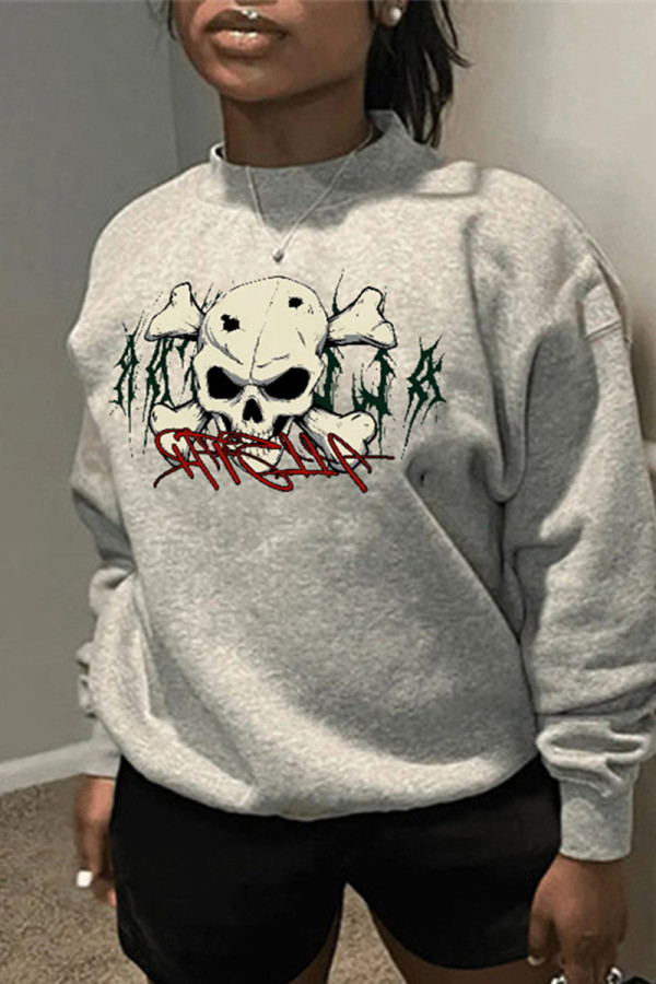 Grey Fashion Casual Skull Head Print Patchwork O Neck Tops