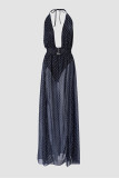 Blue Sexy Formal Patchwork Bandage Backless Slit Halter Evening Dress Dresses