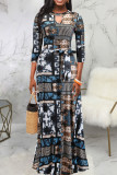 Black Casual Print Bandage Hollowed Out Patchwork O Neck Straight Dresses