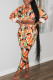 Orange Fashion Casual Print Patchwork Buckle Turndown Collar Long Sleeve Two Pieces