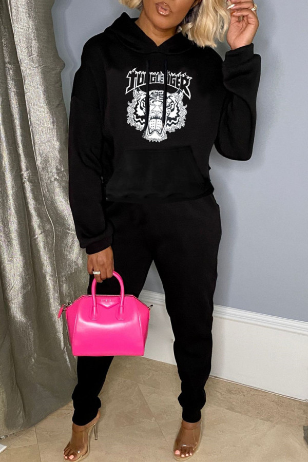 Black Fashion Casual Print Basic Hooded Collar Long Sleeve Two Pieces