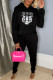 Black Fashion Casual Print Basic Hooded Collar Long Sleeve Two Pieces
