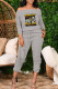 Grey Fashion Casual Print Patchwork Off the Shoulder Long Sleeve Two Pieces
