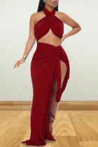 Purplish Red Sexy Solid Tassel Bandage Patchwork Asymmetrical Halter Sleeveless Two Pieces