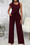 Burgundy Casual Solid Patchwork Flounce Asymmetrical Straight Jumpsuits